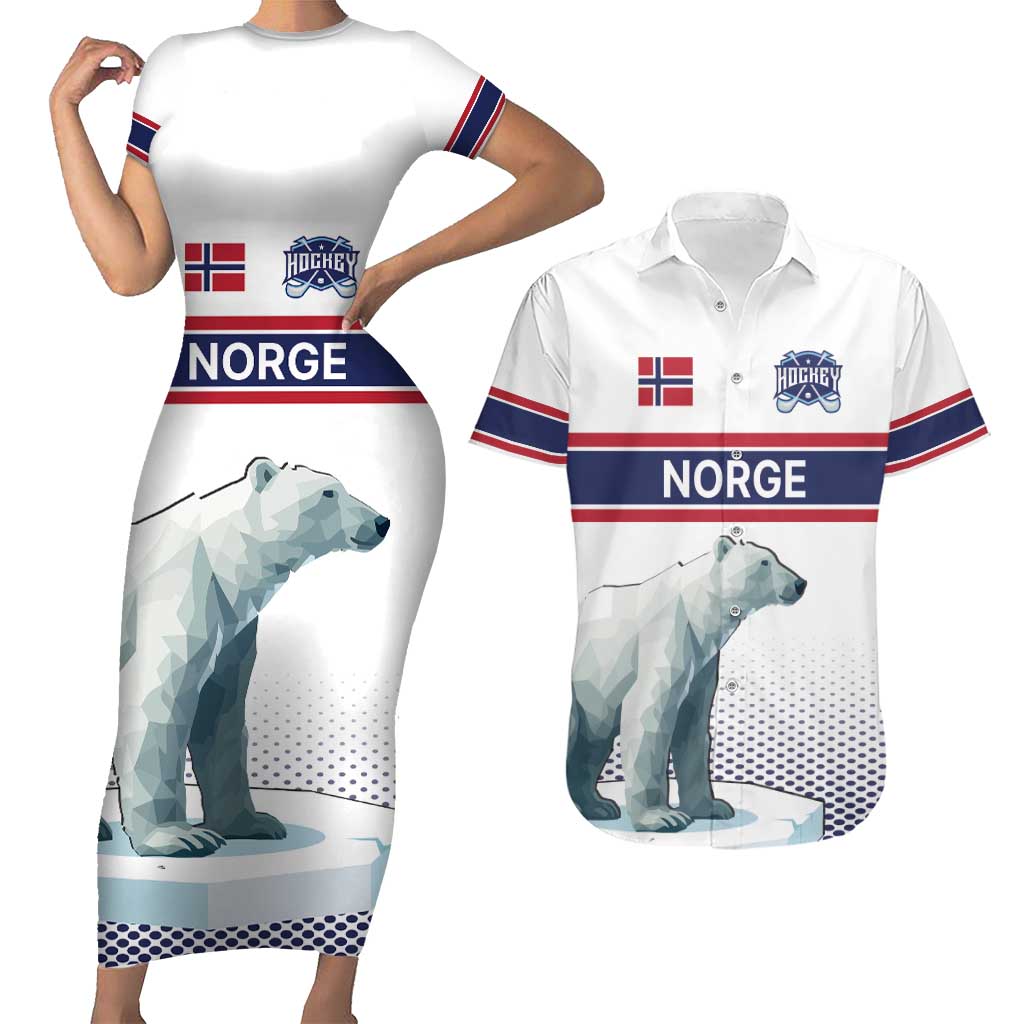 Norway Ice Hockey Custom Couples Matching Short Sleeve Bodycon Dress and Hawaiian Shirt Norge Polar Bears White Style