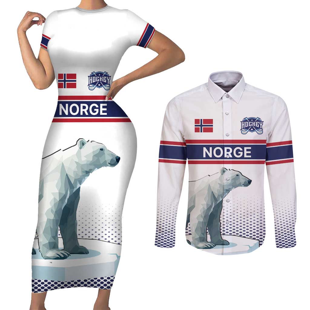 Norway Ice Hockey Custom Couples Matching Short Sleeve Bodycon Dress and Long Sleeve Button Shirt Norge Polar Bears White Style