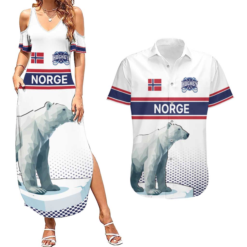 Norway Ice Hockey Custom Couples Matching Summer Maxi Dress and Hawaiian Shirt Norge Polar Bears White Style