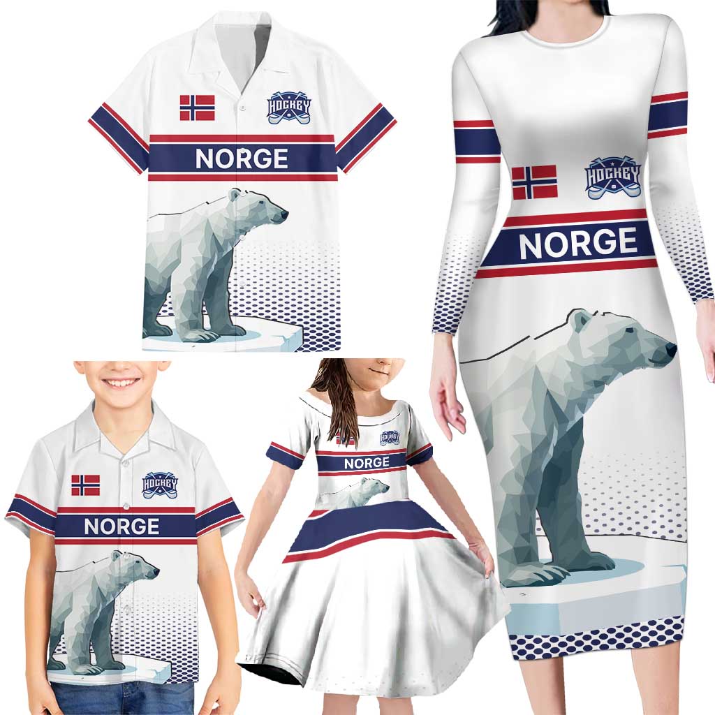 Norway Ice Hockey Custom Family Matching Long Sleeve Bodycon Dress and Hawaiian Shirt Norge Polar Bears White Style