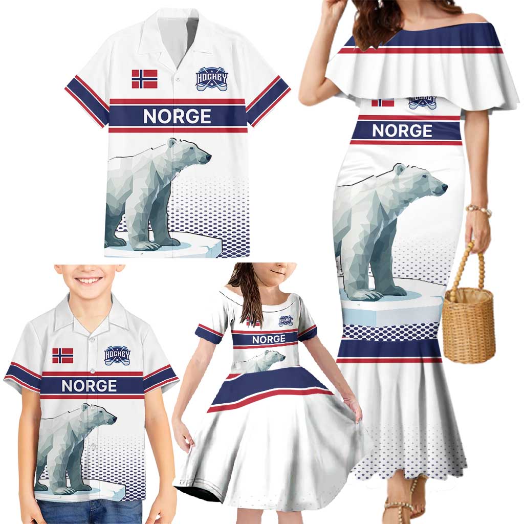Norway Ice Hockey Custom Family Matching Mermaid Dress and Hawaiian Shirt Norge Polar Bears White Style