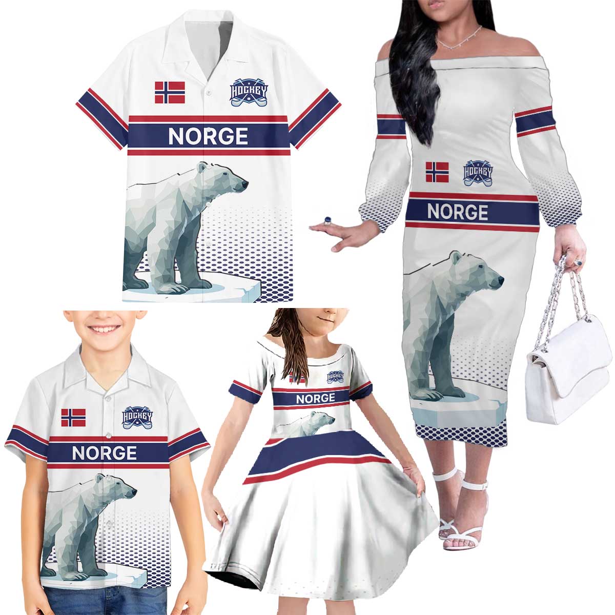 Norway Ice Hockey Custom Family Matching Off The Shoulder Long Sleeve Dress and Hawaiian Shirt Norge Polar Bears White Style