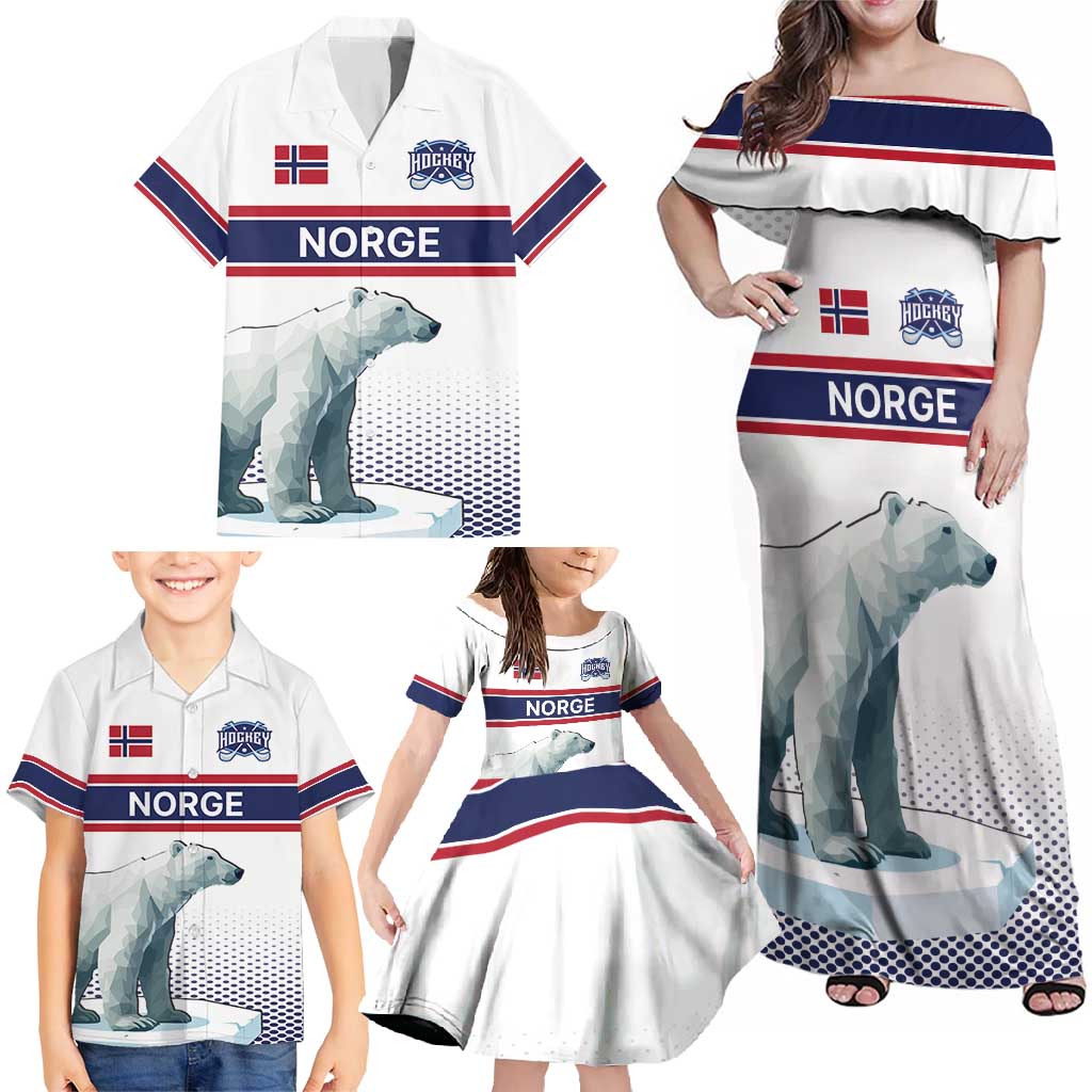 Norway Ice Hockey Custom Family Matching Off Shoulder Maxi Dress and Hawaiian Shirt Norge Polar Bears White Style