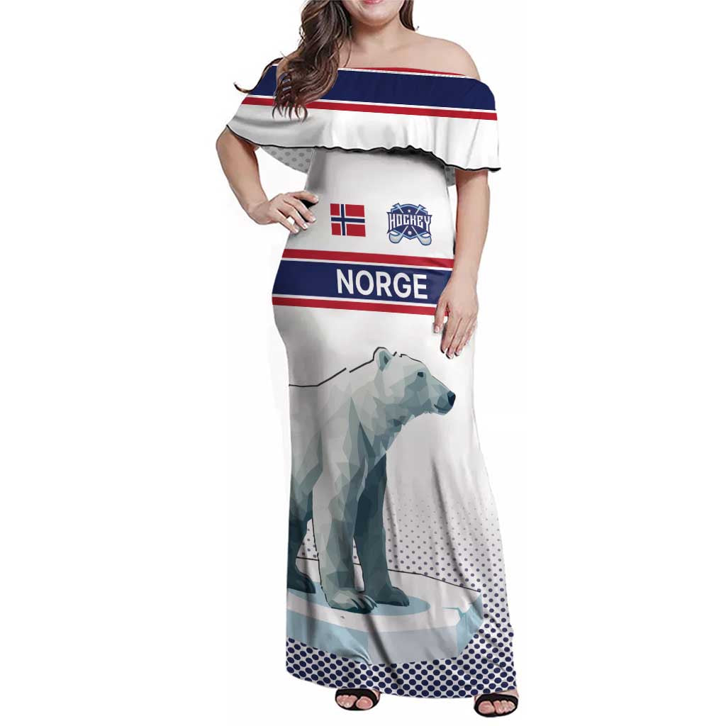 Norway Ice Hockey Custom Family Matching Off Shoulder Maxi Dress and Hawaiian Shirt Norge Polar Bears White Style
