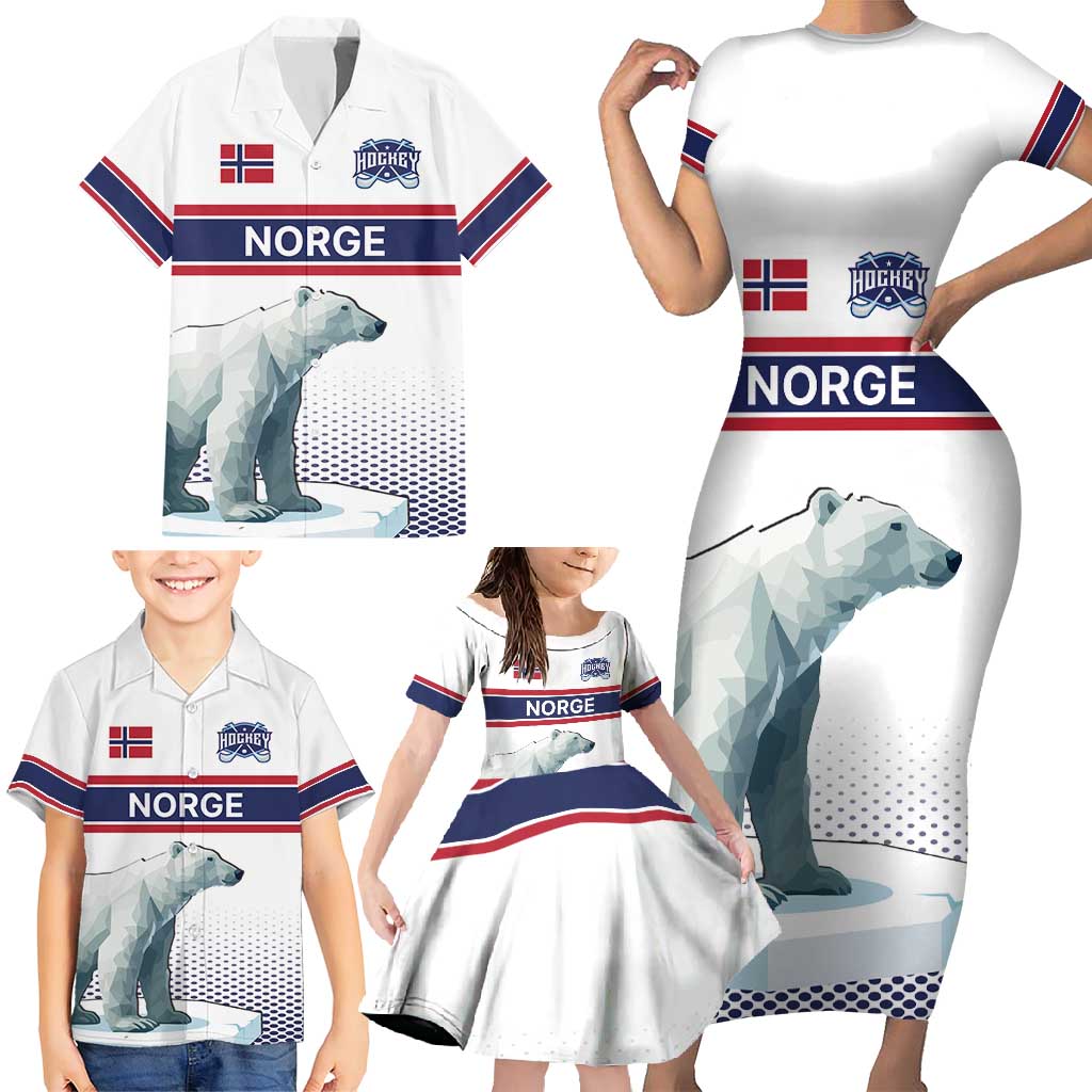 Norway Ice Hockey Custom Family Matching Short Sleeve Bodycon Dress and Hawaiian Shirt Norge Polar Bears White Style