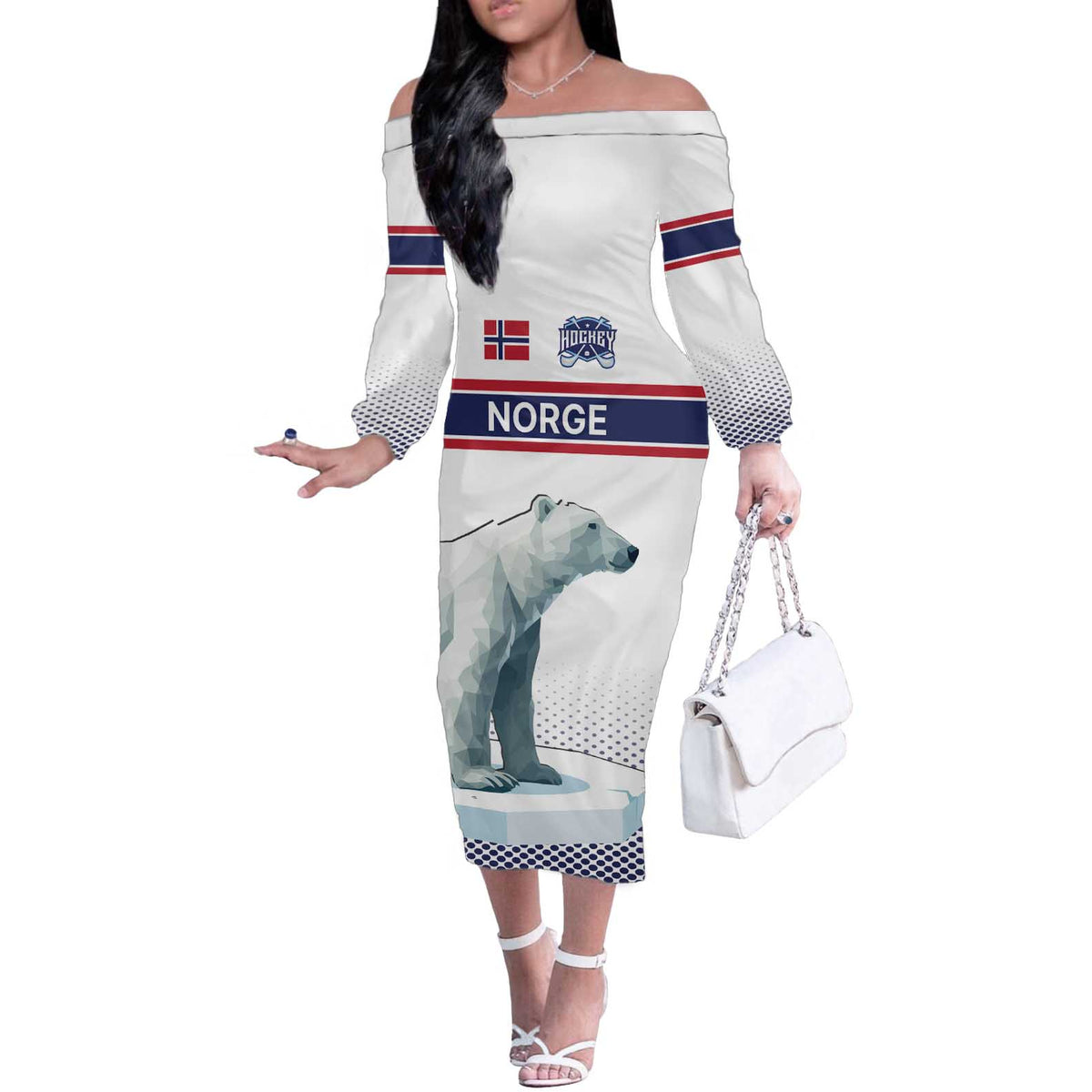 Norway Ice Hockey Custom Off The Shoulder Long Sleeve Dress Norge Polar Bears White Style
