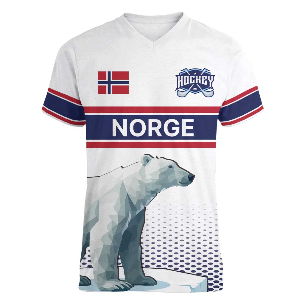 Norway Ice Hockey Custom Women V-Neck T-Shirt Norge Polar Bears White Style