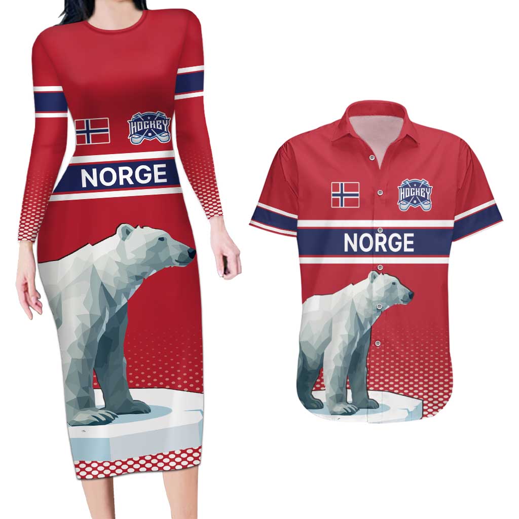 Norway Ice Hockey Custom Couples Matching Long Sleeve Bodycon Dress and Hawaiian Shirt Norge Polar Bears Red Style