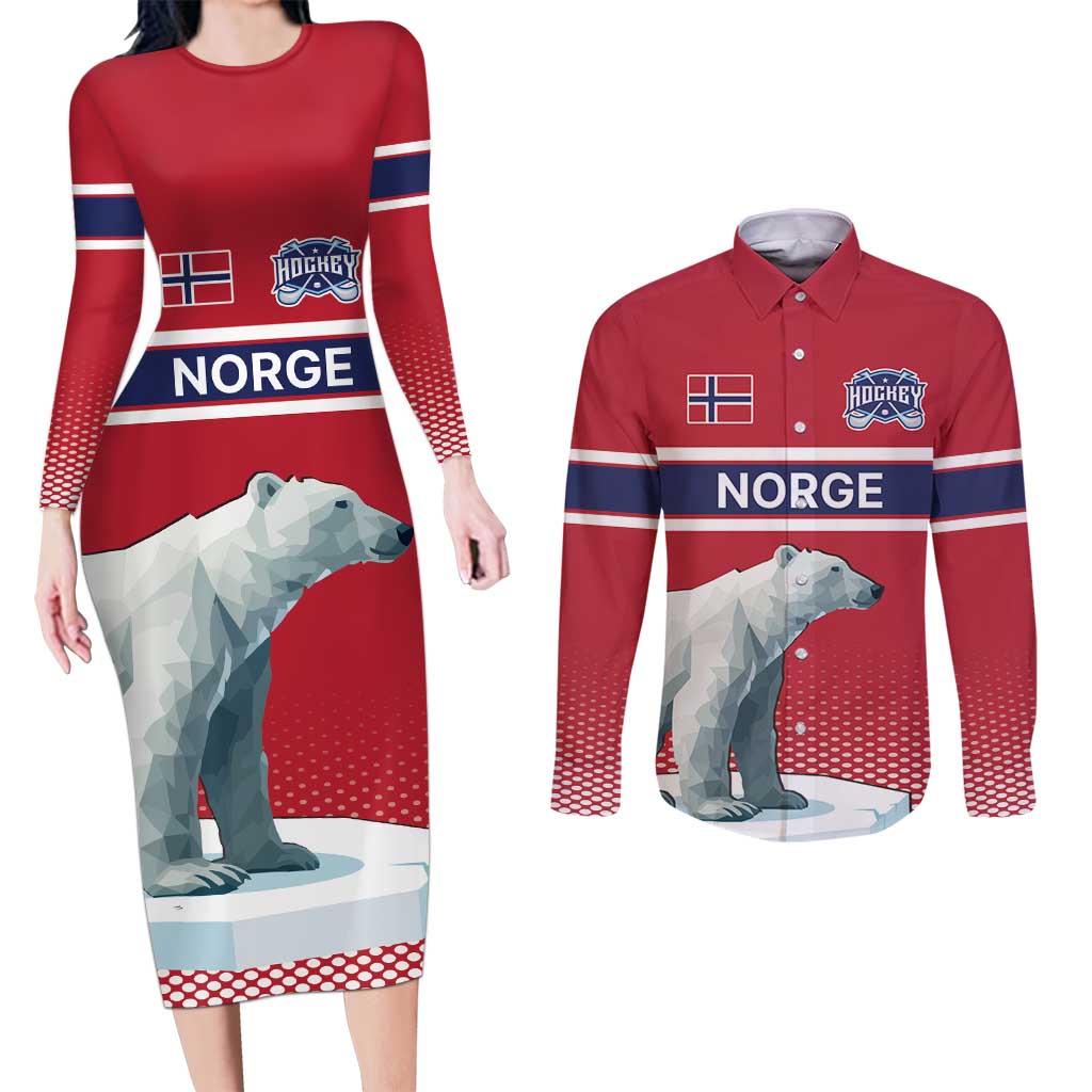 Norway Ice Hockey Custom Couples Matching Long Sleeve Bodycon Dress and Long Sleeve Button Shirt Norge Polar Bears Red Style