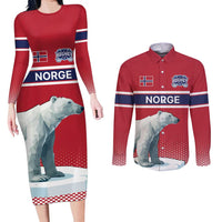 Norway Ice Hockey Custom Couples Matching Long Sleeve Bodycon Dress and Long Sleeve Button Shirt Norge Polar Bears Red Style