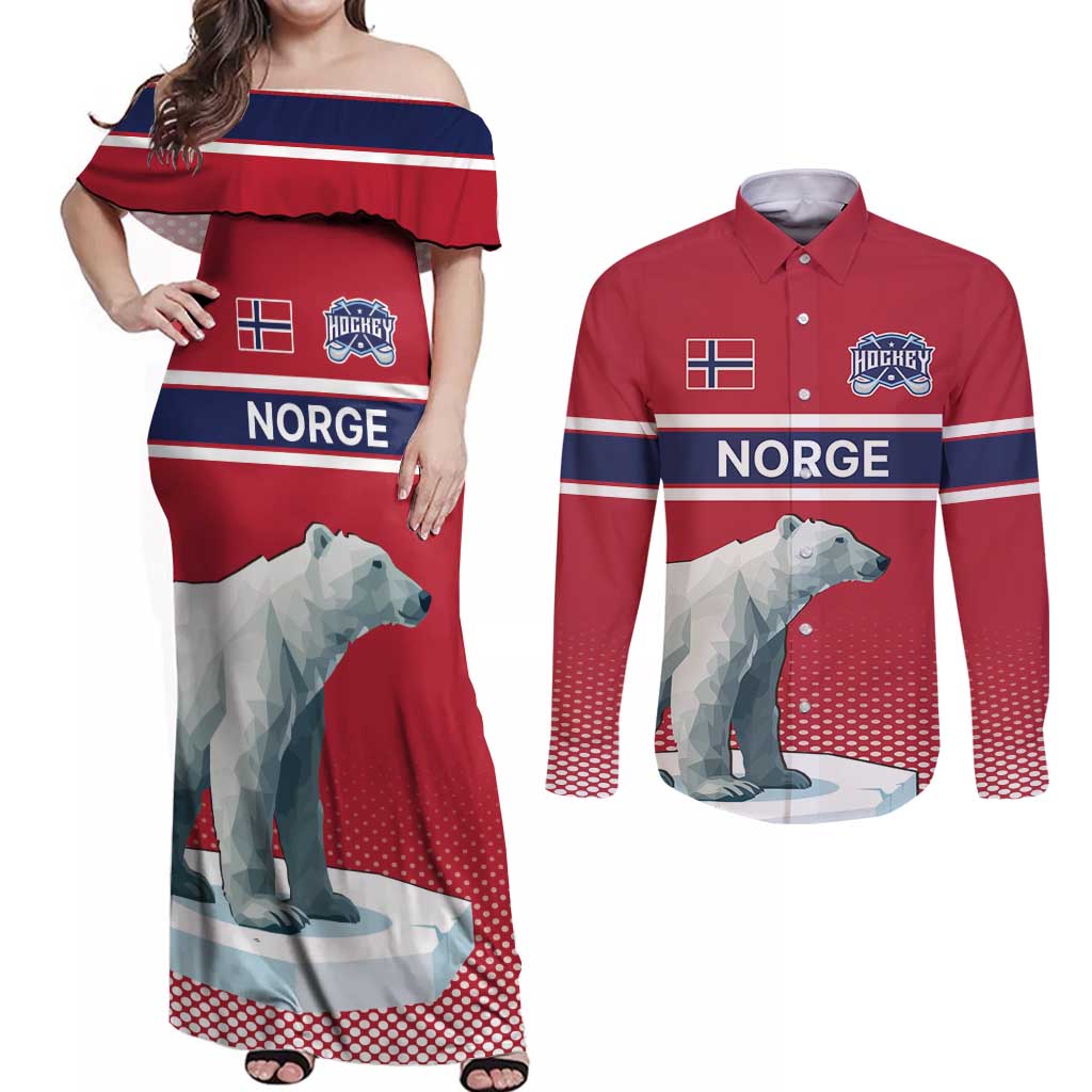 Norway Ice Hockey Custom Couples Matching Off Shoulder Maxi Dress and Long Sleeve Button Shirt Norge Polar Bears Red Style