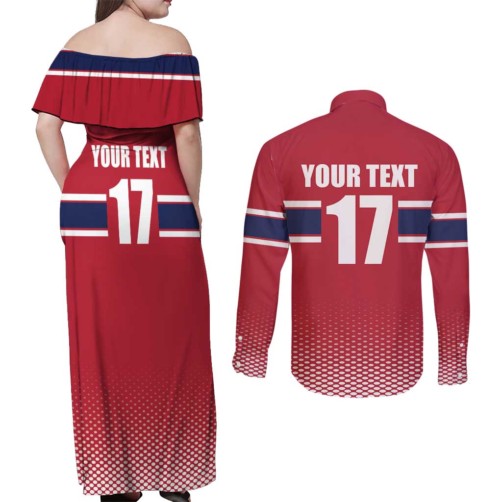 Norway Ice Hockey Custom Couples Matching Off Shoulder Maxi Dress and Long Sleeve Button Shirt Norge Polar Bears Red Style