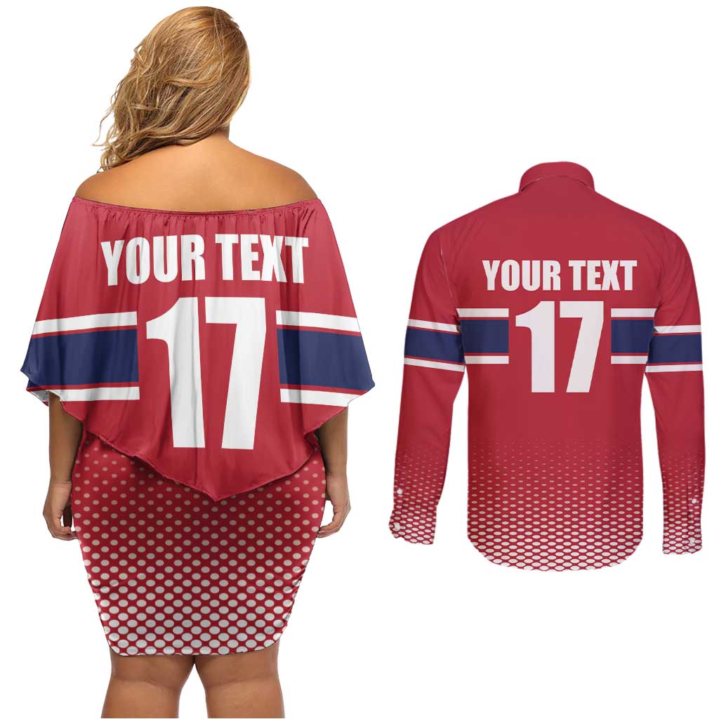 Norway Ice Hockey Custom Couples Matching Off Shoulder Short Dress and Long Sleeve Button Shirt Norge Polar Bears Red Style