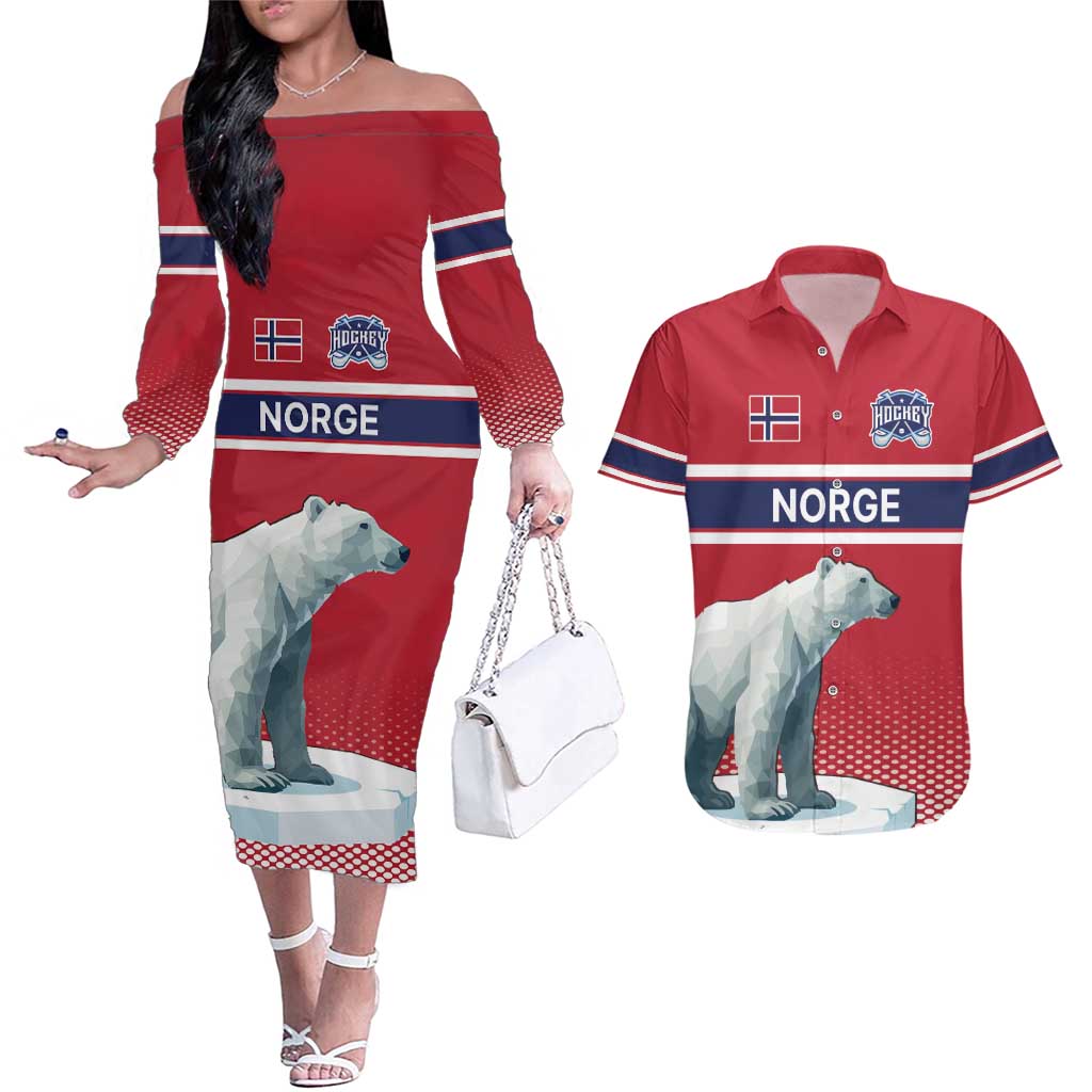 Norway Ice Hockey Custom Couples Matching Off The Shoulder Long Sleeve Dress and Hawaiian Shirt Norge Polar Bears Red Style
