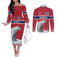 Norway Ice Hockey Custom Couples Matching Off The Shoulder Long Sleeve Dress and Long Sleeve Button Shirt Norge Polar Bears Red Style