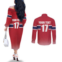Norway Ice Hockey Custom Couples Matching Off The Shoulder Long Sleeve Dress and Long Sleeve Button Shirt Norge Polar Bears Red Style