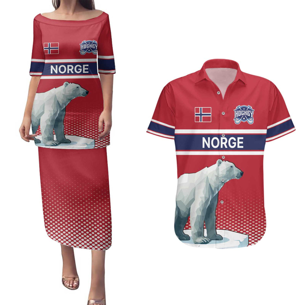 Norway Ice Hockey Custom Couples Matching Puletasi and Hawaiian Shirt Norge Polar Bears Red Style