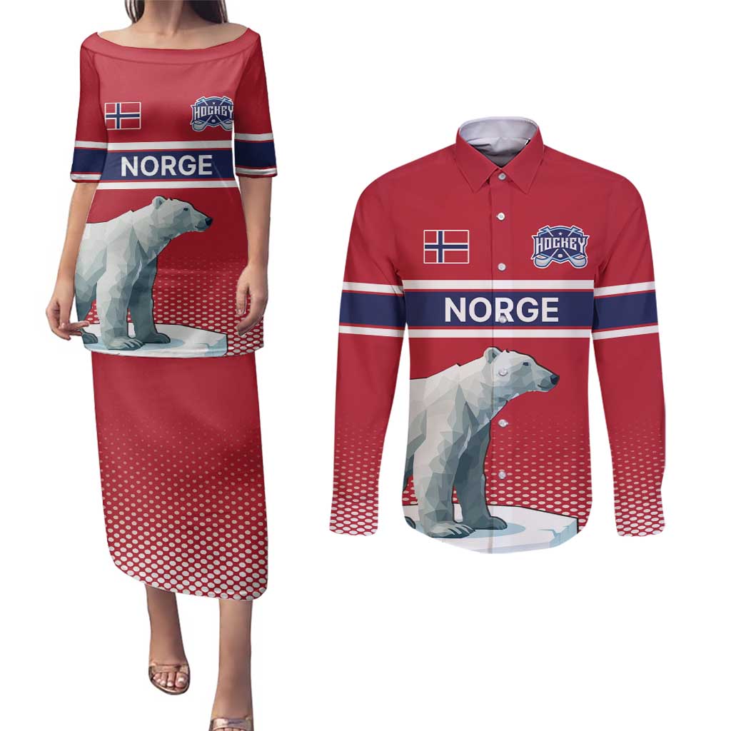 Norway Ice Hockey Custom Couples Matching Puletasi and Long Sleeve Button Shirt Norge Polar Bears Red Style