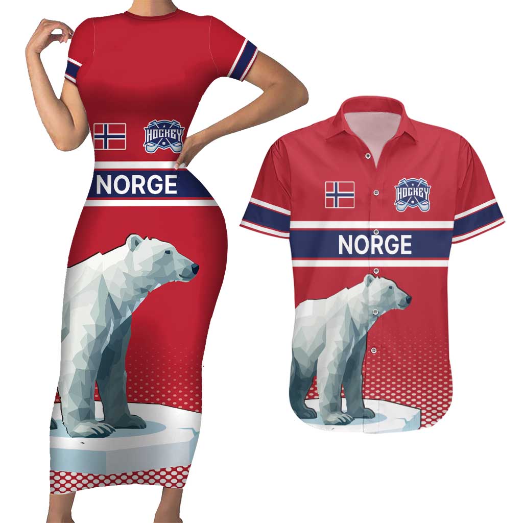Norway Ice Hockey Custom Couples Matching Short Sleeve Bodycon Dress and Hawaiian Shirt Norge Polar Bears Red Style