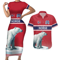 Norway Ice Hockey Custom Couples Matching Short Sleeve Bodycon Dress and Hawaiian Shirt Norge Polar Bears Red Style