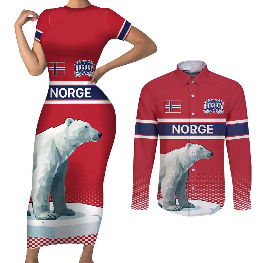 Norway Ice Hockey Custom Couples Matching Short Sleeve Bodycon Dress and Long Sleeve Button Shirt Norge Polar Bears Red Style