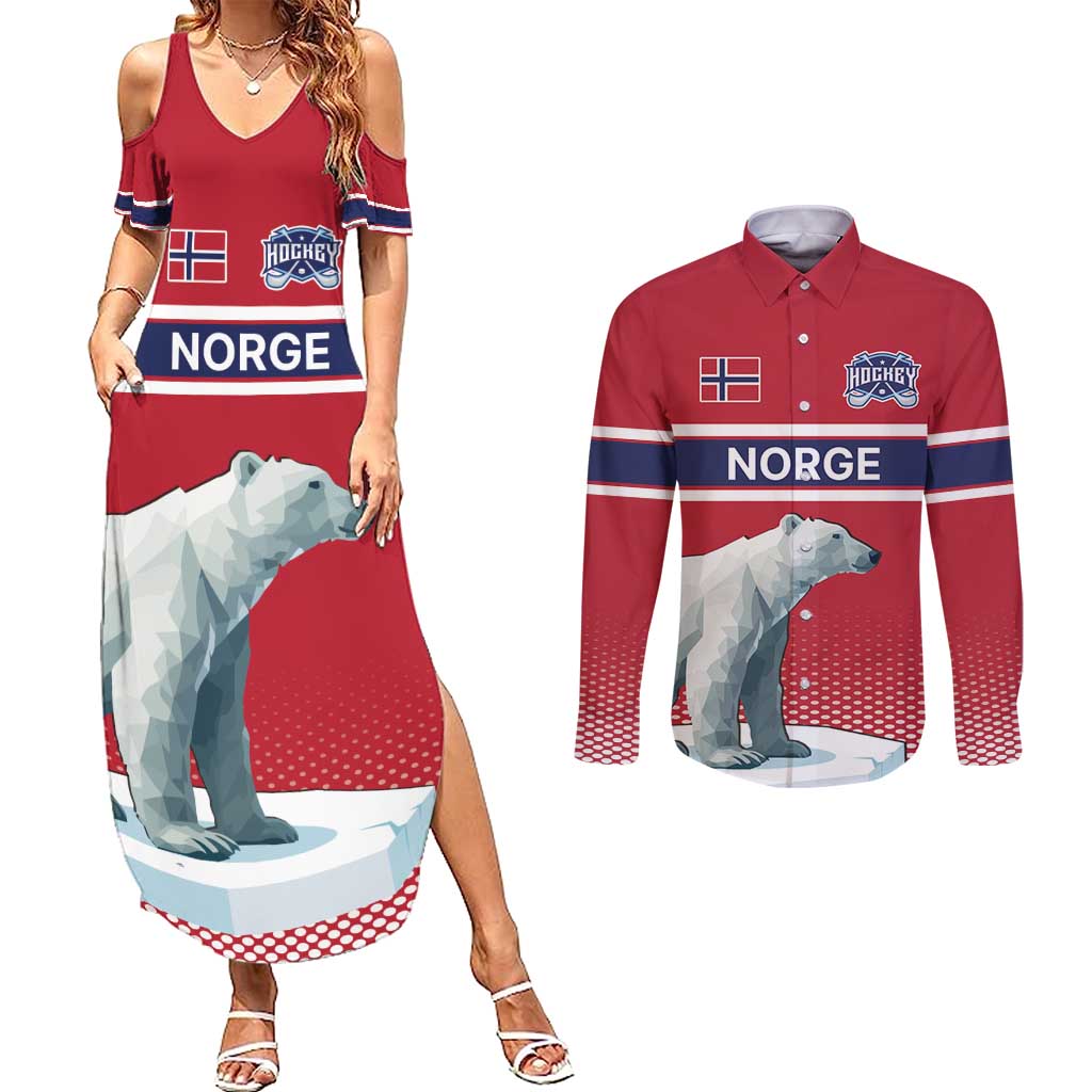 Norway Ice Hockey Custom Couples Matching Summer Maxi Dress and Long Sleeve Button Shirt Norge Polar Bears Red Style