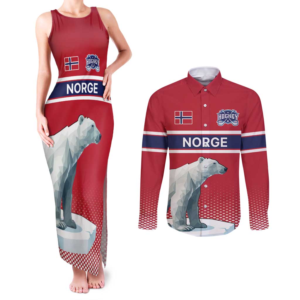 Norway Ice Hockey Custom Couples Matching Tank Maxi Dress and Long Sleeve Button Shirt Norge Polar Bears Red Style