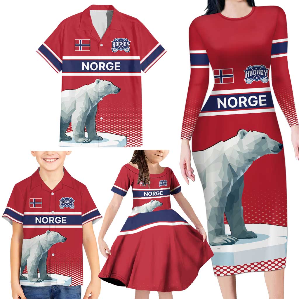 Norway Ice Hockey Custom Family Matching Long Sleeve Bodycon Dress and Hawaiian Shirt Norge Polar Bears Red Style