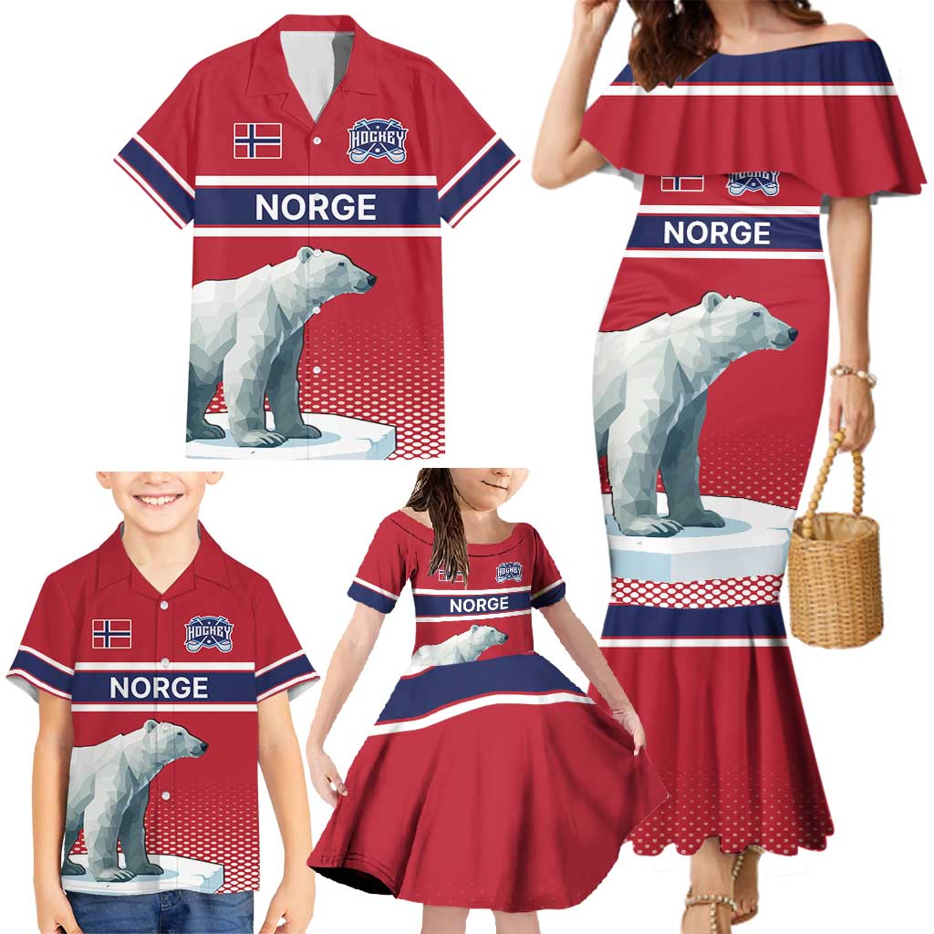 Norway Ice Hockey Custom Family Matching Mermaid Dress and Hawaiian Shirt Norge Polar Bears Red Style