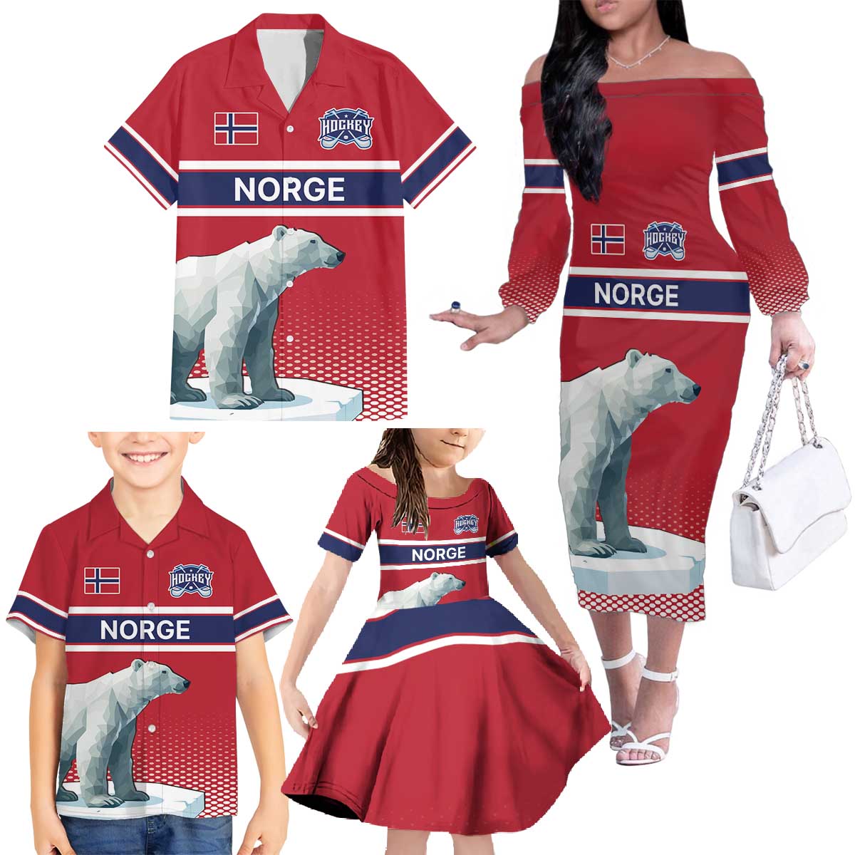 Norway Ice Hockey Custom Family Matching Off The Shoulder Long Sleeve Dress and Hawaiian Shirt Norge Polar Bears Red Style