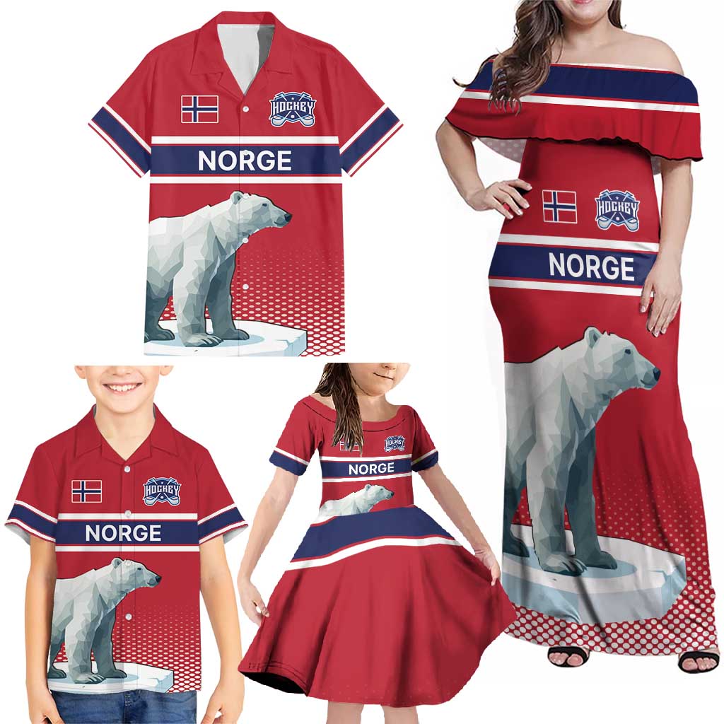 Norway Ice Hockey Custom Family Matching Off Shoulder Maxi Dress and Hawaiian Shirt Norge Polar Bears Red Style