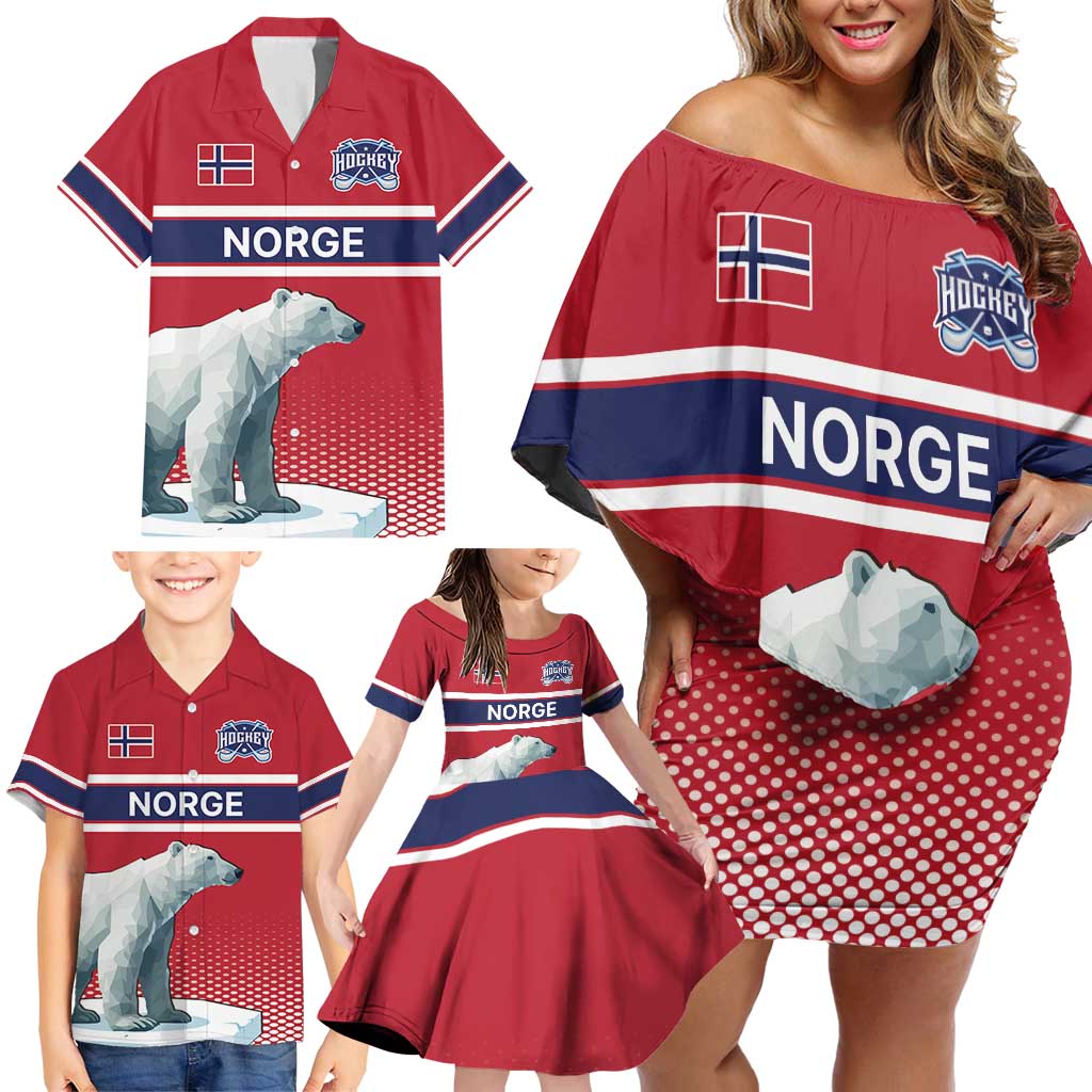 Norway Ice Hockey Custom Family Matching Off Shoulder Short Dress and Hawaiian Shirt Norge Polar Bears Red Style