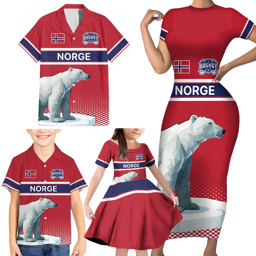 Norway Ice Hockey Custom Family Matching Short Sleeve Bodycon Dress and Hawaiian Shirt Norge Polar Bears Red Style