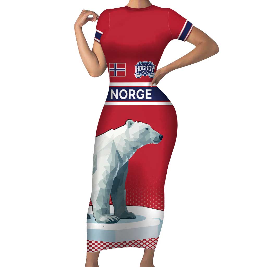 Norway Ice Hockey Custom Family Matching Short Sleeve Bodycon Dress and Hawaiian Shirt Norge Polar Bears Red Style