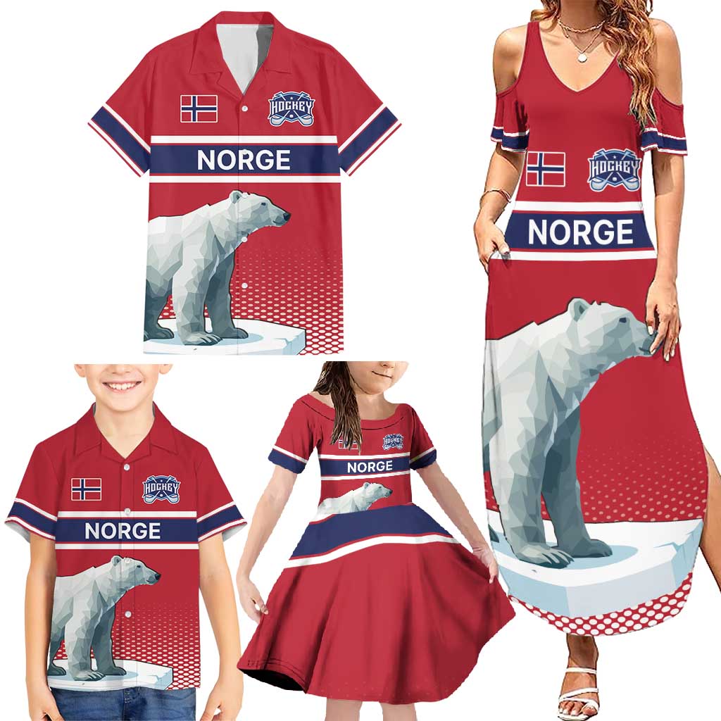 Norway Ice Hockey Custom Family Matching Summer Maxi Dress and Hawaiian Shirt Norge Polar Bears Red Style