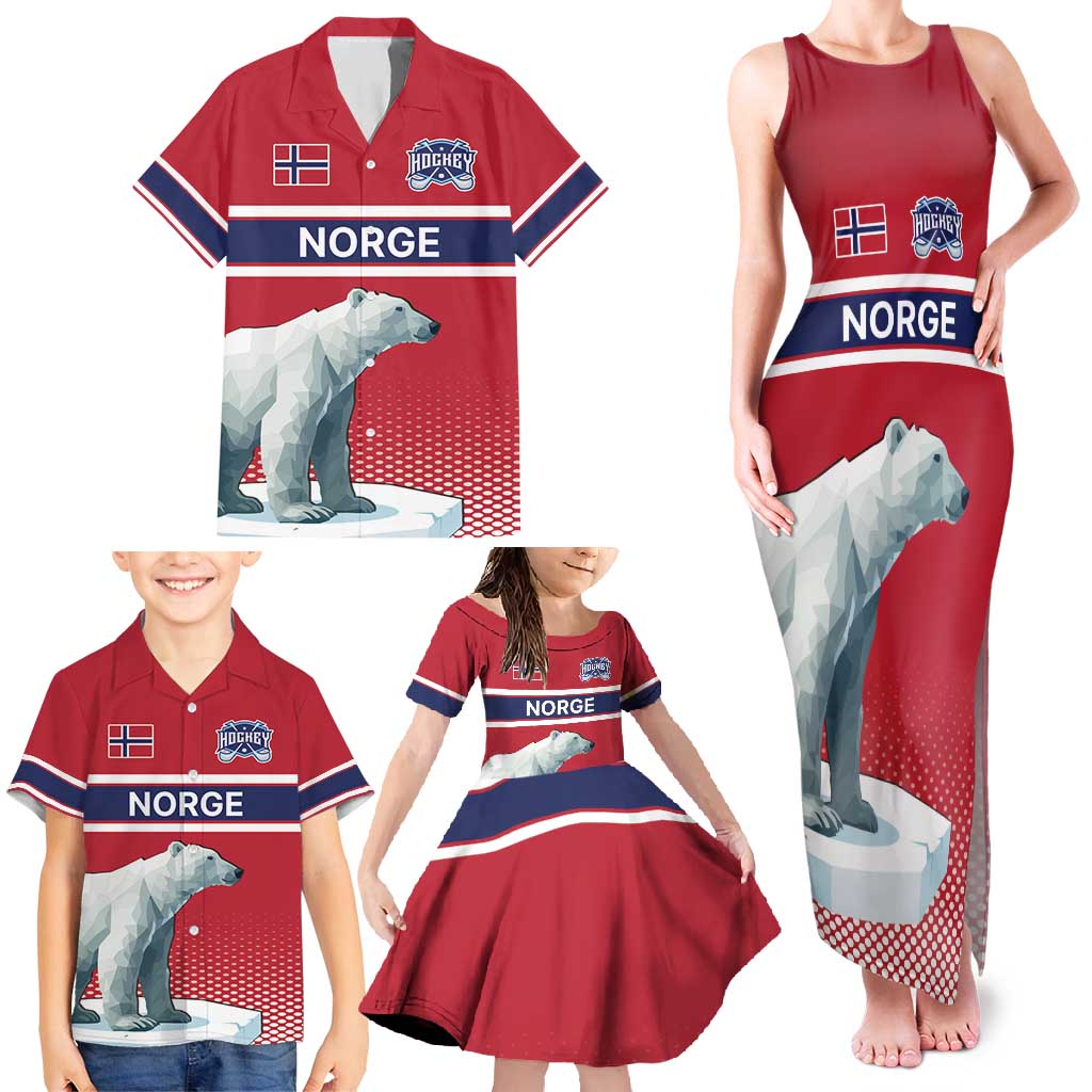Norway Ice Hockey Custom Family Matching Tank Maxi Dress and Hawaiian Shirt Norge Polar Bears Red Style