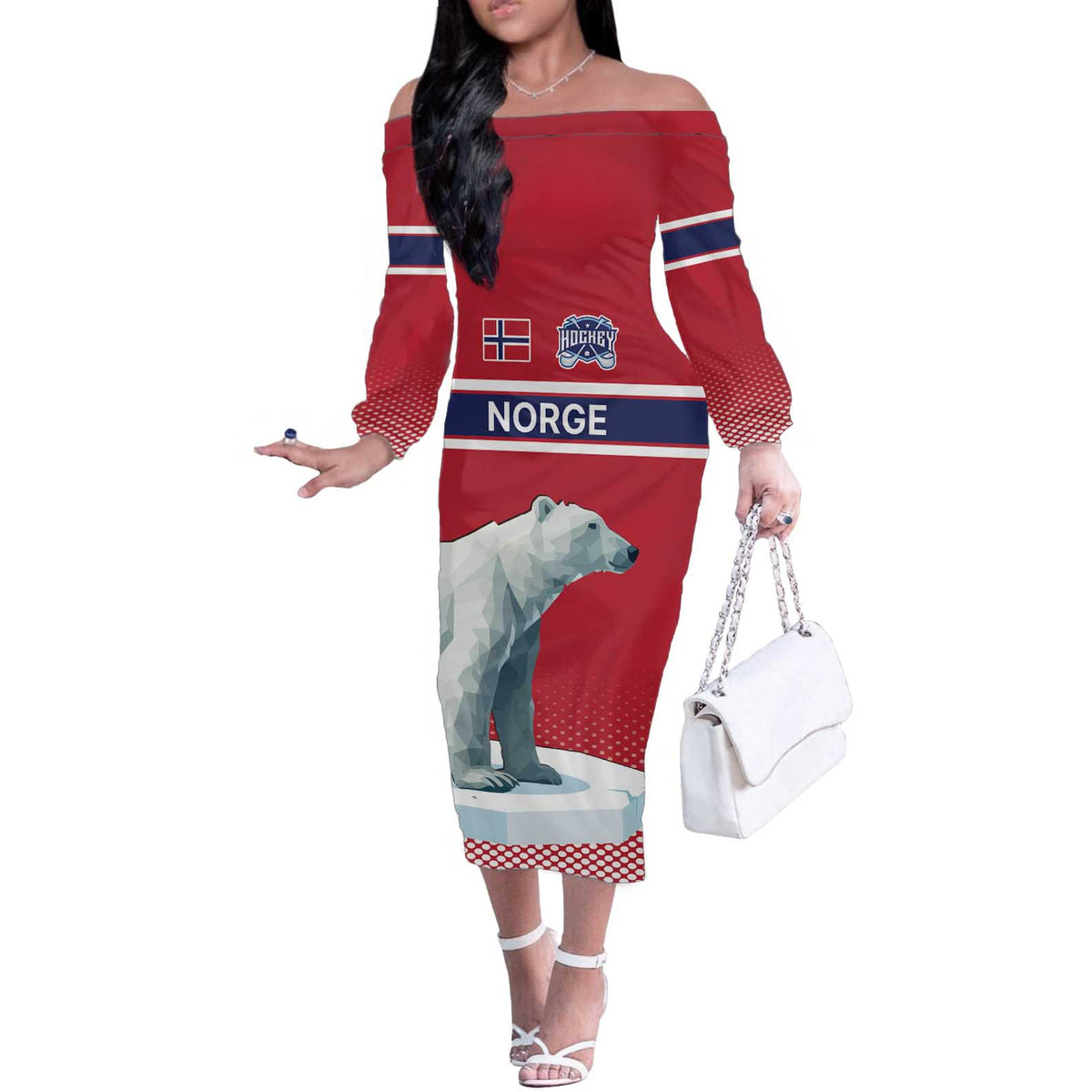Norway Ice Hockey Custom Off The Shoulder Long Sleeve Dress Norge Polar Bears Red Style