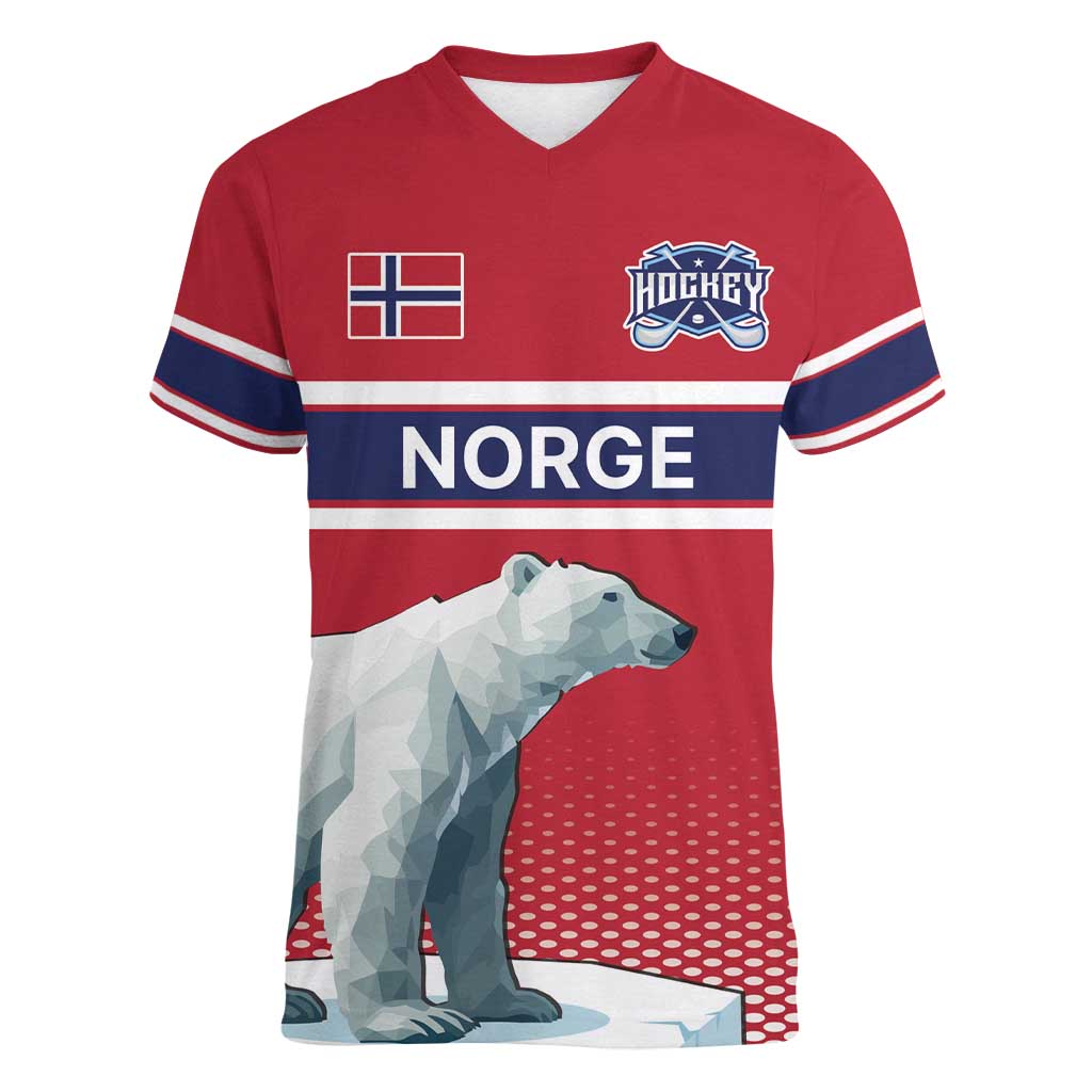 Norway Ice Hockey Custom Women V-Neck T-Shirt Norge Polar Bears Red Style