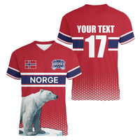 Norway Ice Hockey Custom Women V-Neck T-Shirt Norge Polar Bears Red Style