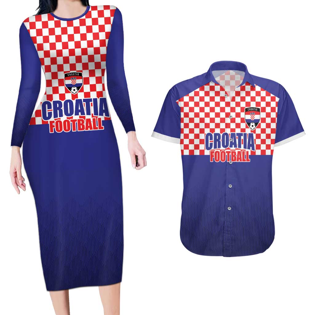 Custom Croatia Football Couples Matching Long Sleeve Bodycon Dress and Hawaiian Shirt Sporty Style