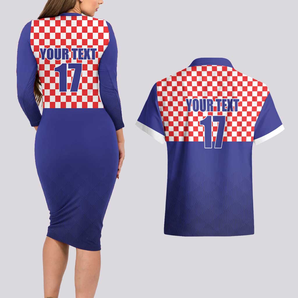 Custom Croatia Football Couples Matching Long Sleeve Bodycon Dress and Hawaiian Shirt Sporty Style