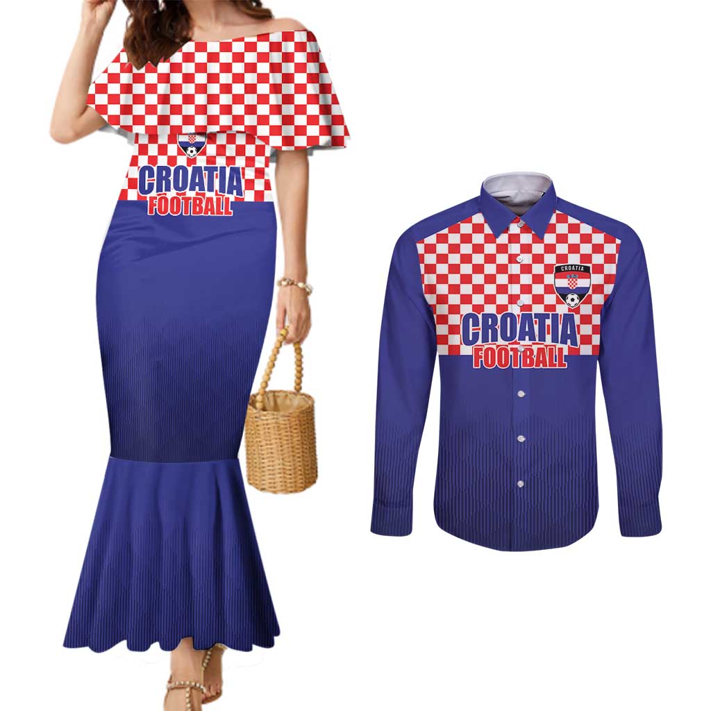 Custom Croatia Football Couples Matching Mermaid Dress and Long Sleeve Button Shirt Sporty Style