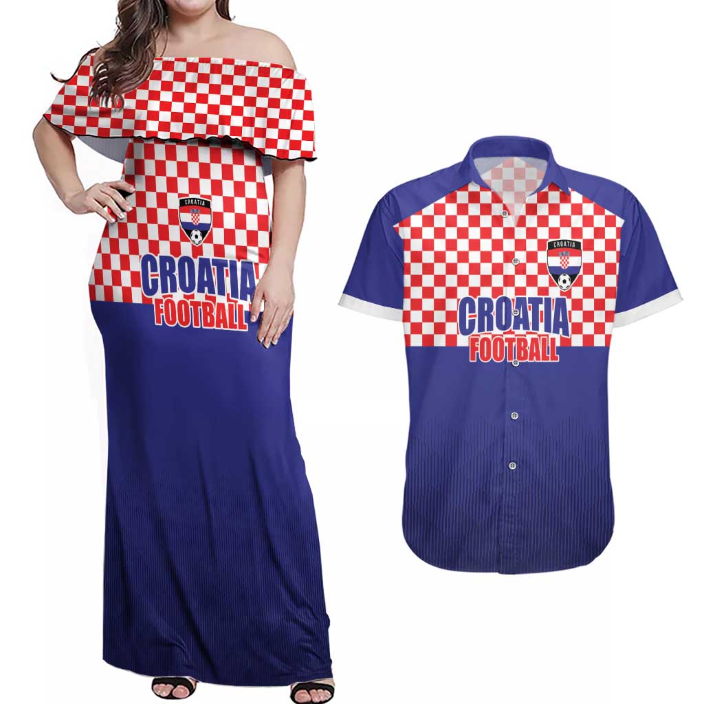 Custom Croatia Football Couples Matching Off Shoulder Maxi Dress and Hawaiian Shirt Sporty Style