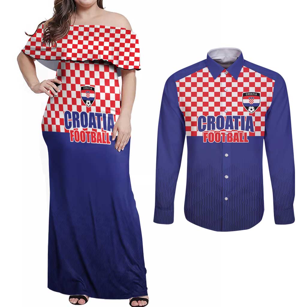 Custom Croatia Football Couples Matching Off Shoulder Maxi Dress and Long Sleeve Button Shirt Sporty Style