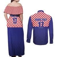 Custom Croatia Football Couples Matching Off Shoulder Maxi Dress and Long Sleeve Button Shirt Sporty Style