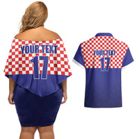 Custom Croatia Football Couples Matching Off Shoulder Short Dress and Hawaiian Shirt Sporty Style