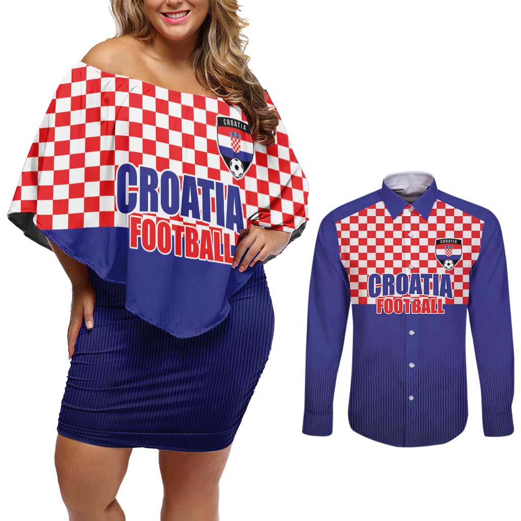 Custom Croatia Football Couples Matching Off Shoulder Short Dress and Long Sleeve Button Shirt Sporty Style