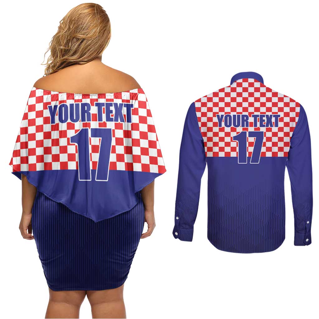 Custom Croatia Football Couples Matching Off Shoulder Short Dress and Long Sleeve Button Shirt Sporty Style