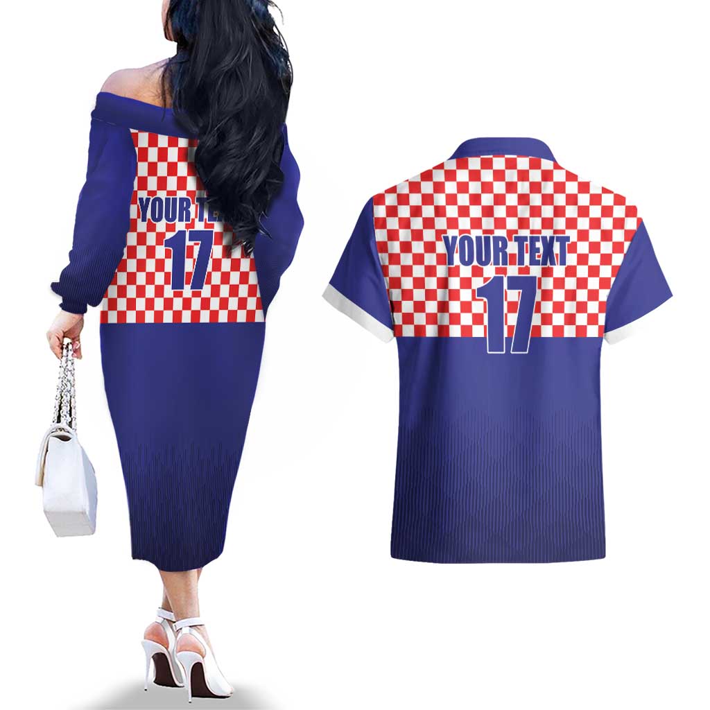 Custom Croatia Football Couples Matching Off The Shoulder Long Sleeve Dress and Hawaiian Shirt Sporty Style