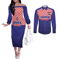 Custom Croatia Football Couples Matching Off The Shoulder Long Sleeve Dress and Long Sleeve Button Shirt Sporty Style